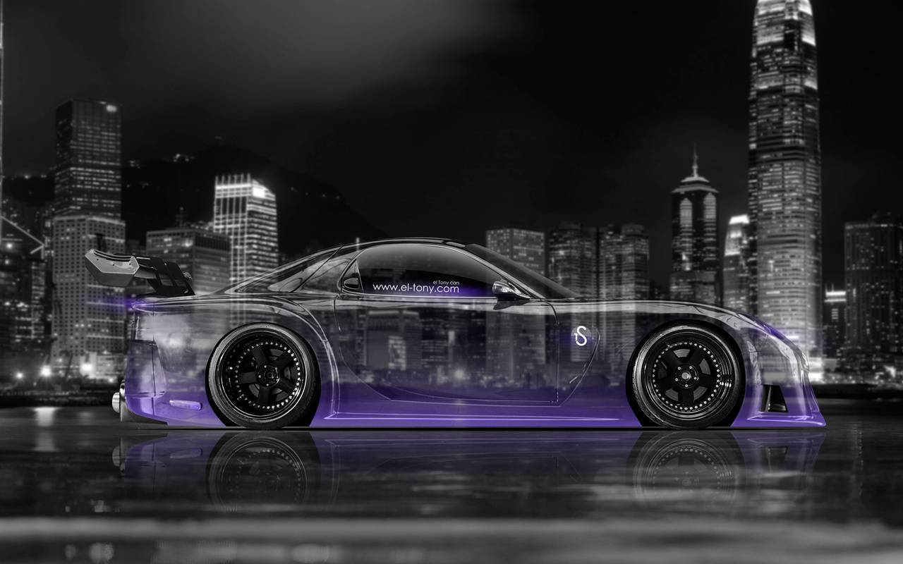 tony kokhan, mazda, rx7, veilside, tuning, bodykit, violet, neon, jdm, style, night, city, side, el tony cars, photoshop, 4k, wallpapers,  , , , , 7,   , ,  ,  , , , , 