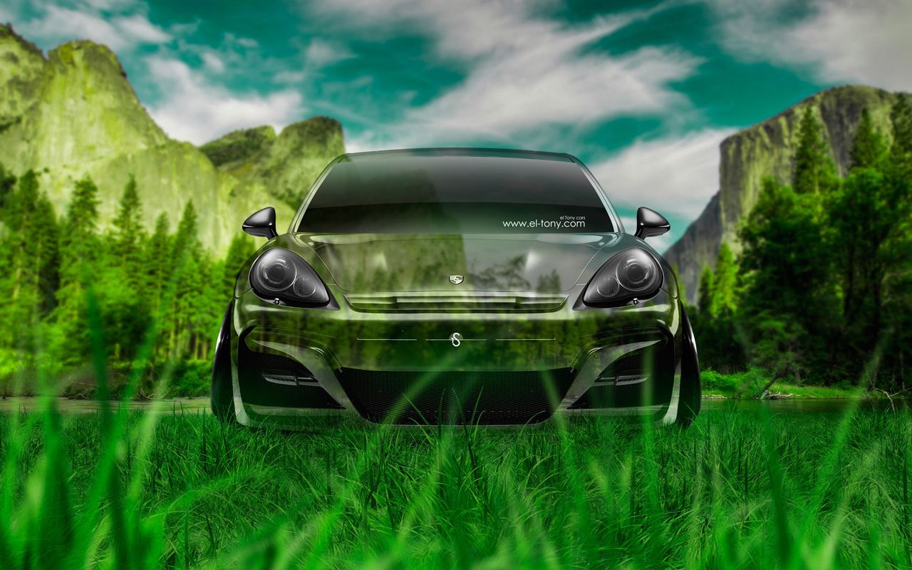 tony kokhan, porsche, panamera, crystal, nature, car, front, green, grass, el tony cars, photoshop, hd wallpapers, art, design,  , , , , ,  , , , , , , , , , 