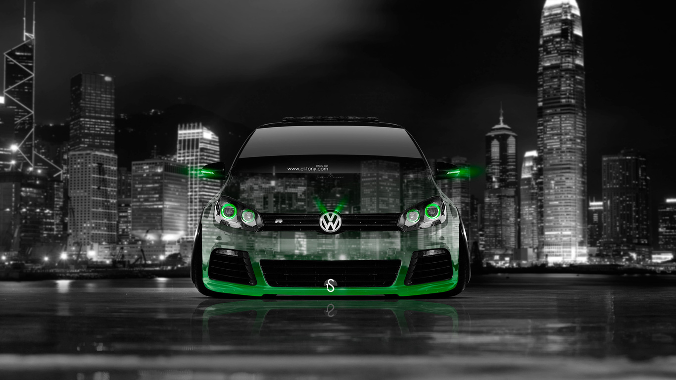 tony kokhan, volkswagen, golf, r, front, crystal, city, green, neon, night, el tony cars, photoshop, hd wallpapers,  , , , , , ,  , , , , , , , 2014