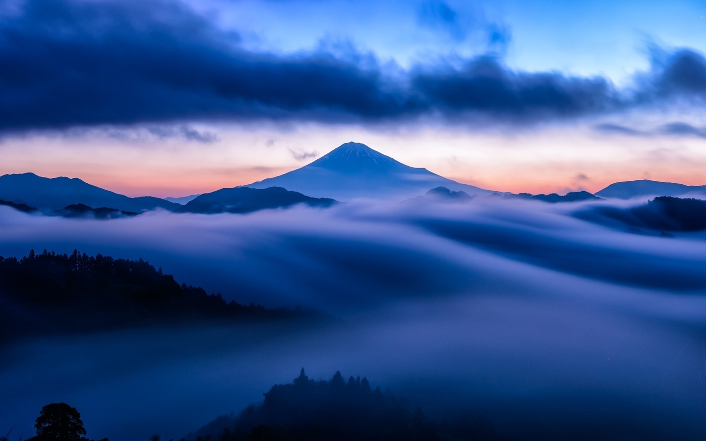 mountain, mist, sky, clouds, snow, blue, sunset, , , , , , , , , 