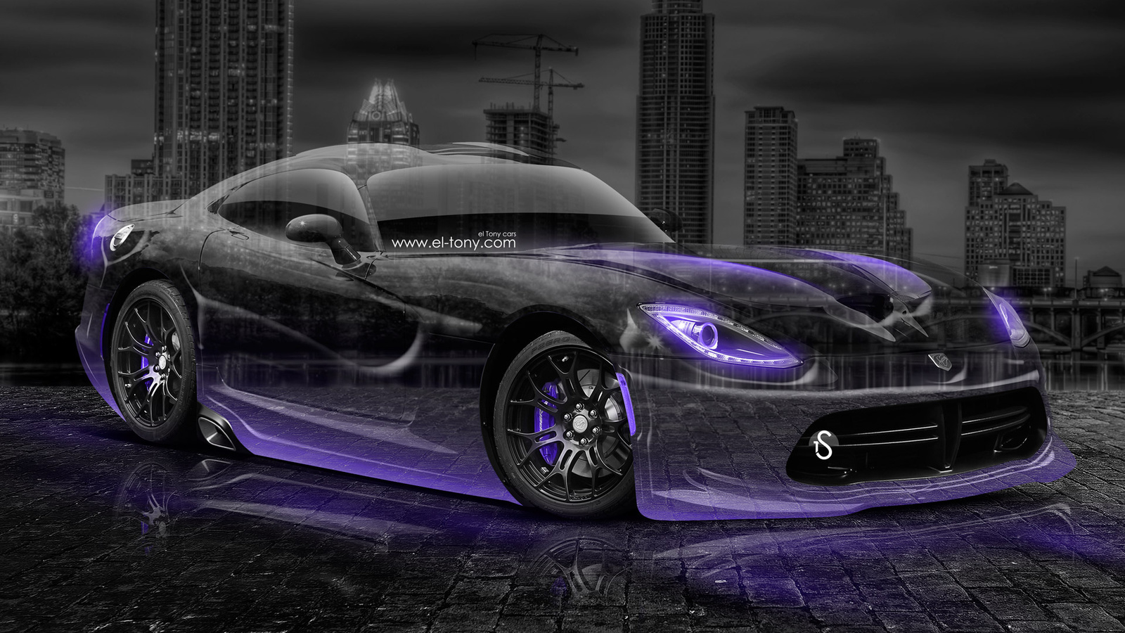 tony kokhan, dodge, viper, crystal, city, violet, neon, night, el tony cars, wallpapers,  , , , , , , , , , , , , , , 2014