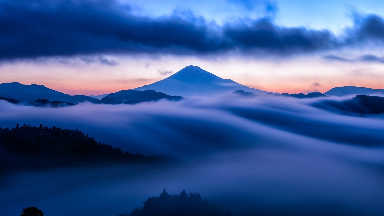 mountain, mist, sky, clouds, snow, blue, sunset, , , , , , , , , 