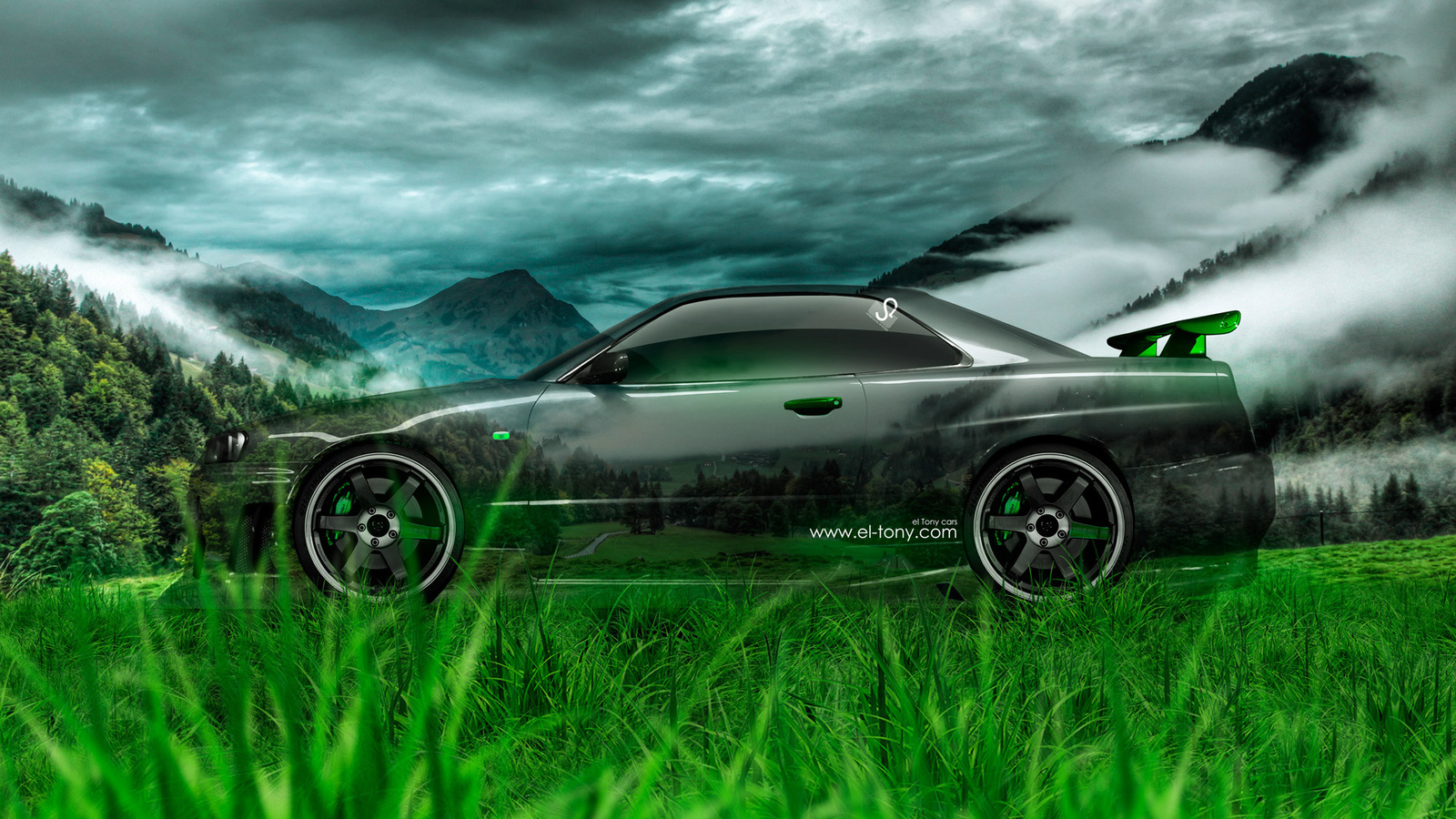 tony kokhan, nissan, skyline, gtr, r34, side, crystal, car, nature, green, grass, el tony cars, photoshop, hd wallpapers,  , , , , , , , , 34,  , , , , , 2014