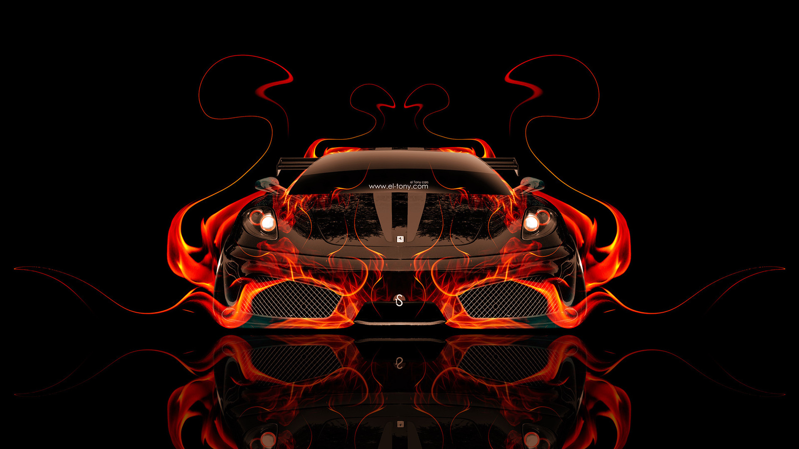 tony kokhan, ferrari, f430, fire, car, front, abstract, black, orange, el tony cars, photoshop, hd wallpapers,  , , , 430, , ,  , , , , , 2014, , , 