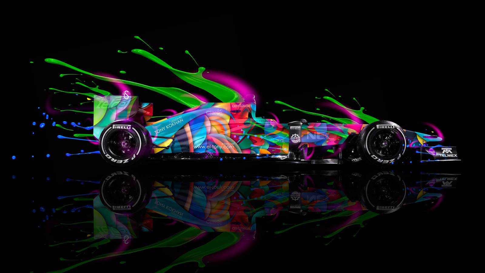 tony kokhan, f1, formula 1, live colors, multicolors, speed, art, el tony cars, photoshop, neon, abstract, black, pirelli, hd wallpapers,  , ,  ,  1, 1, , , , , , , , 