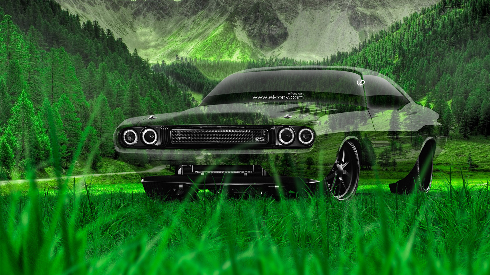 tony kokhan, dodge, challenger, rs, 1970, crystal, nature, car, green, grass, hd wallpapers, el tony cars, photoshop, art, design, muscle,  , , , , , , , , , , , , 