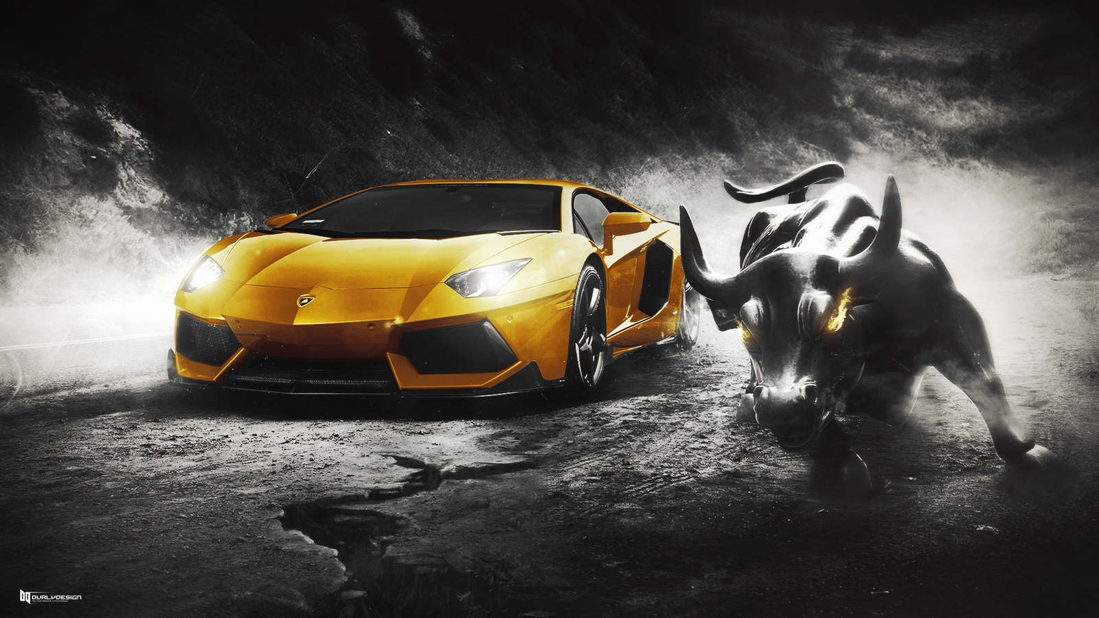 lamborghini, aventador, lp700-4, yellow, bull, supercar, wall, design