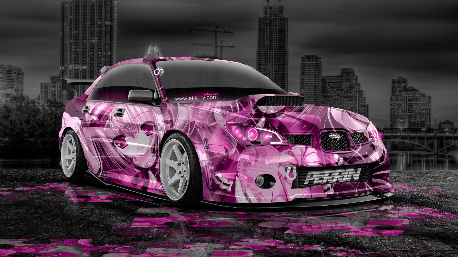 tony kokhan, subaru, impreza, wrx, sti, jdm, anime, girl, aerography, city, pink, neon, colors, night, glamour, art, design, el tony cars, hd wallpapers,  , , , , , , , , , , , , 