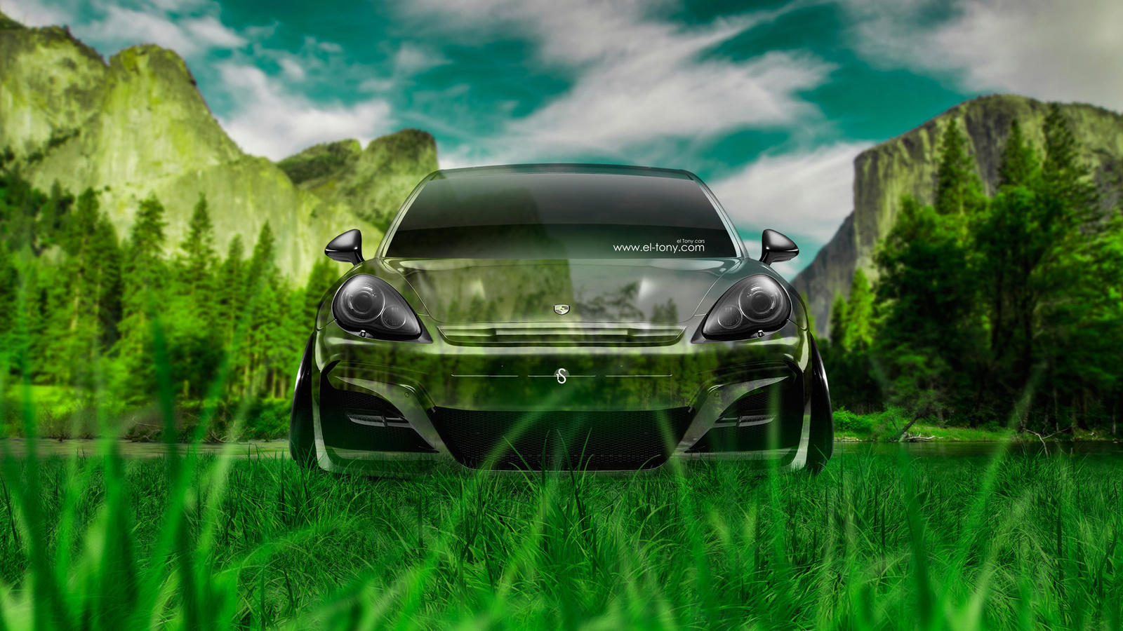 tony kokhan, porsche, panamera, crystal, nature, car, front, green, grass, el tony cars, photoshop, hd wallpapers, art, design,  , , , , ,  , , , , , , , , , 