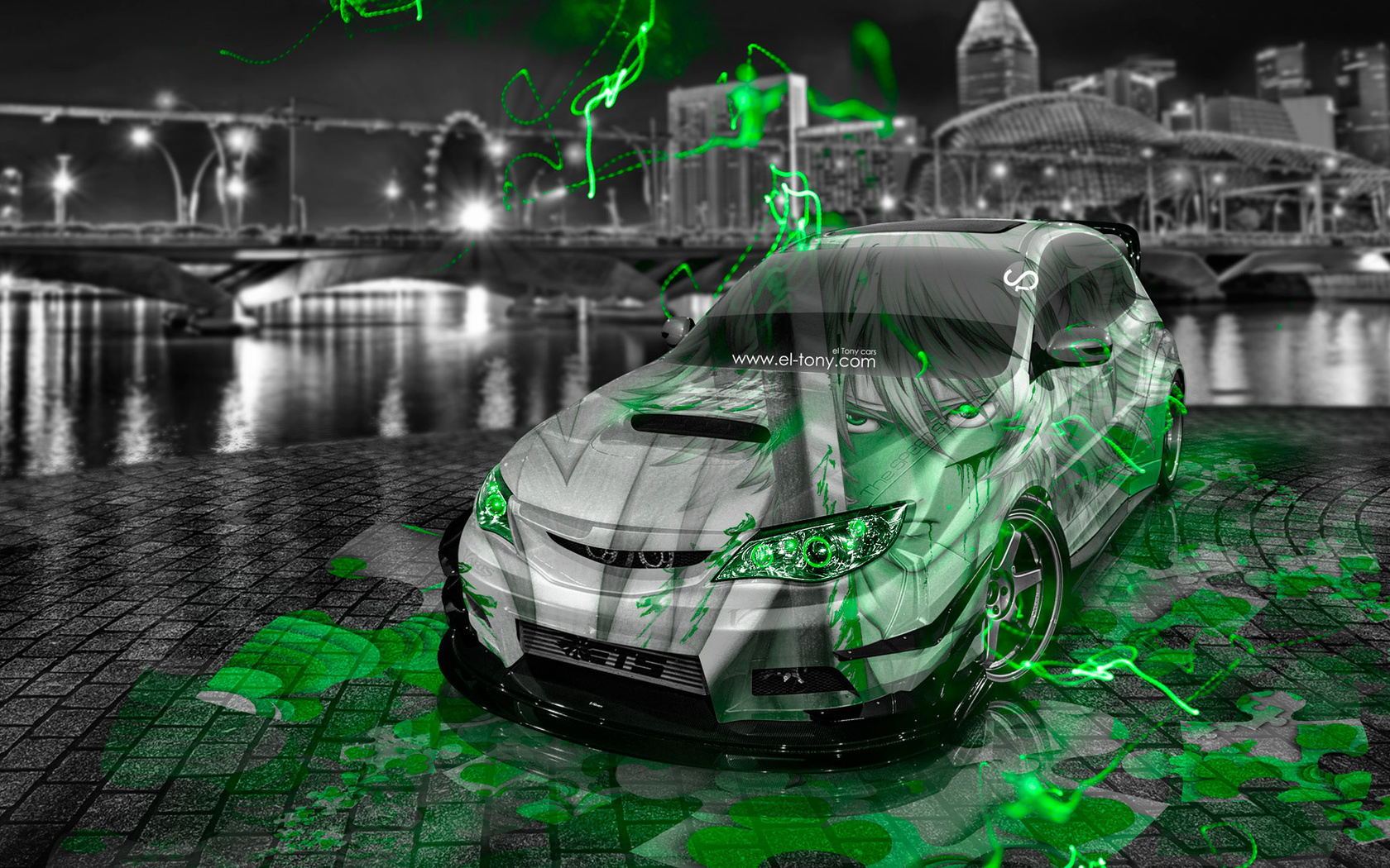 tony kokhan, subaru, impreza, wrx, sti, jdm, anime, aerography, green, neon, effects, city, night, photoshop, el tony car,  , , , , , , , , , , , , , , , ,