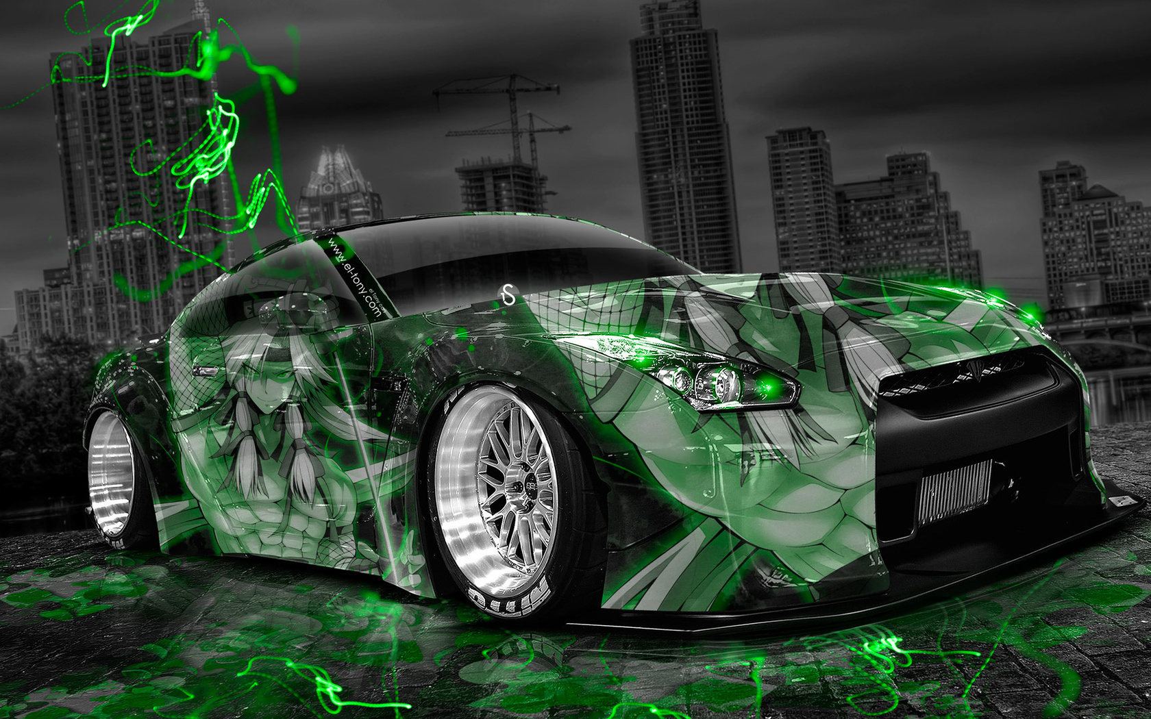 tony kokhan, nissan, gtr, r35, tuning, anime, aerography, green, neon, effects, style, city, night, jdm, el tony cars, photoshop, design,  , , , , ,  35, , , , , , , , , 