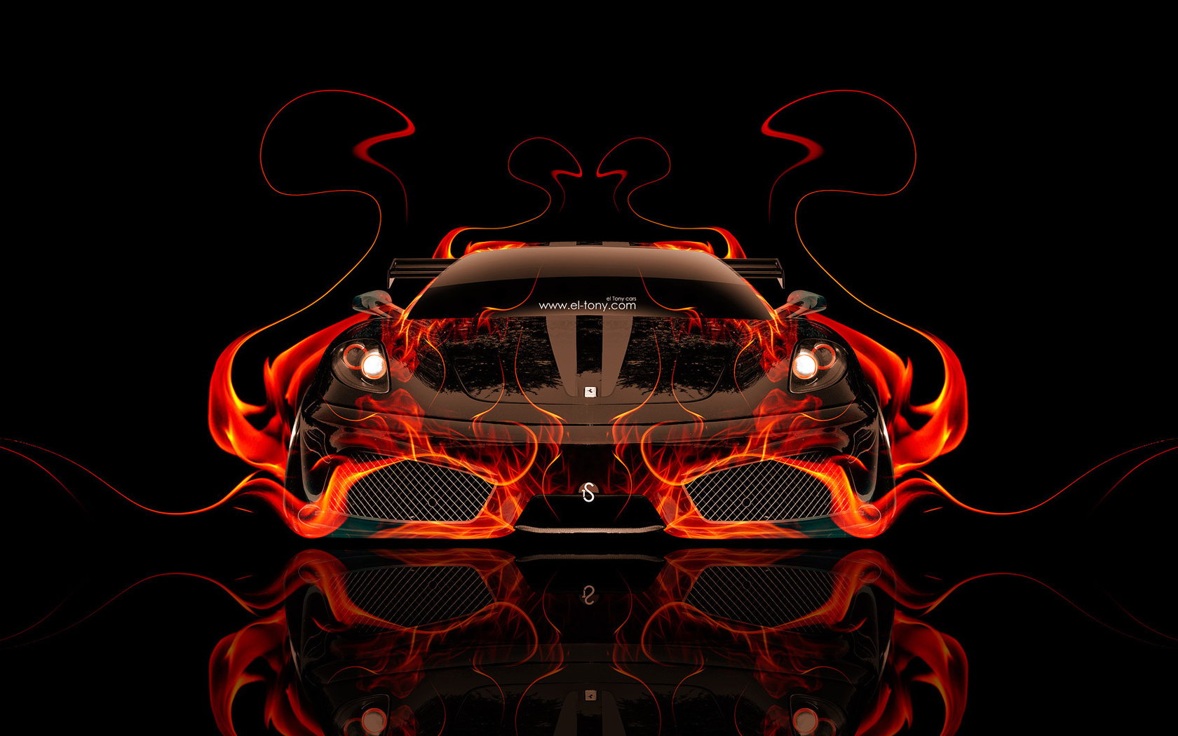 tony kokhan, ferrari, f430, fire, car, front, abstract, black, orange, el tony cars, photoshop, hd wallpapers,  , , , 430, , ,  , , , , , 2014, , , 