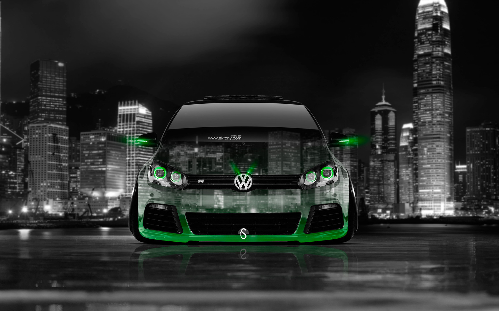 tony kokhan, volkswagen, golf, r, front, crystal, city, green, neon, night, el tony cars, photoshop, hd wallpapers,  , , , , , ,  , , , , , , , 2014