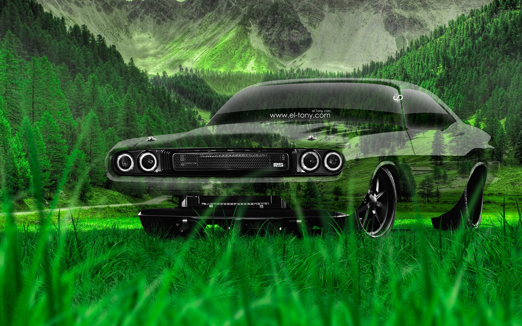 tony kokhan, dodge, challenger, rs, 1970, crystal, nature, car, green, grass, hd wallpapers, el tony cars, photoshop, art, design, muscle,  , , , , , , , , , , , , 