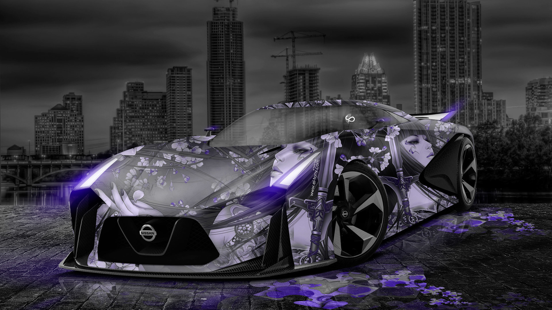 tony kokhan, nissan, gtr, 2020, concept, el tony cars, anime, girl, aerography, city, car, 2014, violet, neon, hd, wallpapers, design,  , , , , , , , , , , , 