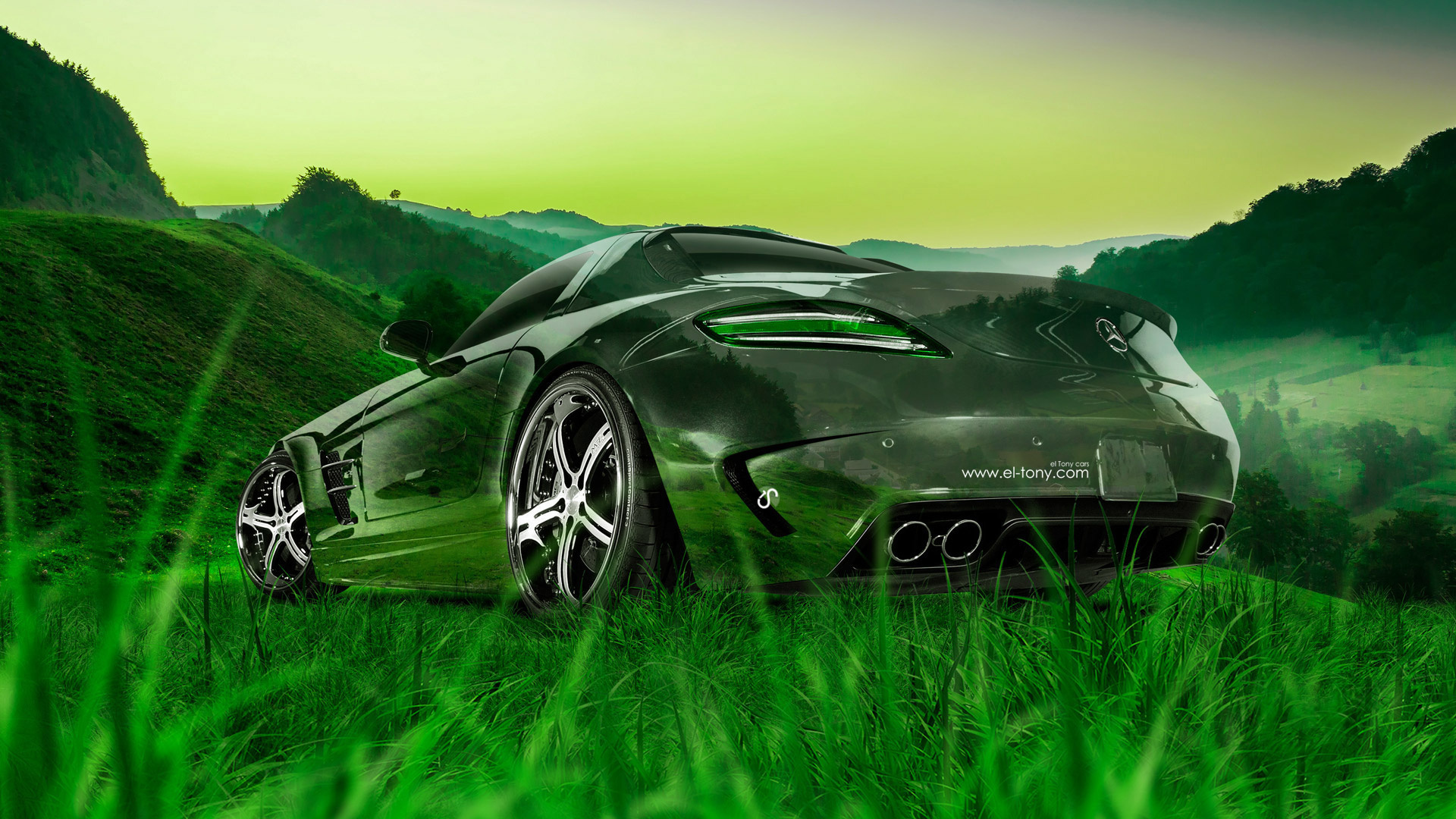 tony kokhan, mercedes-benz, sls, amg, crystal, nature, car, green, grass, art, design, el tony cars, photoshop, hd wallpapers,  , , , , , , , , , , , , , , 2014