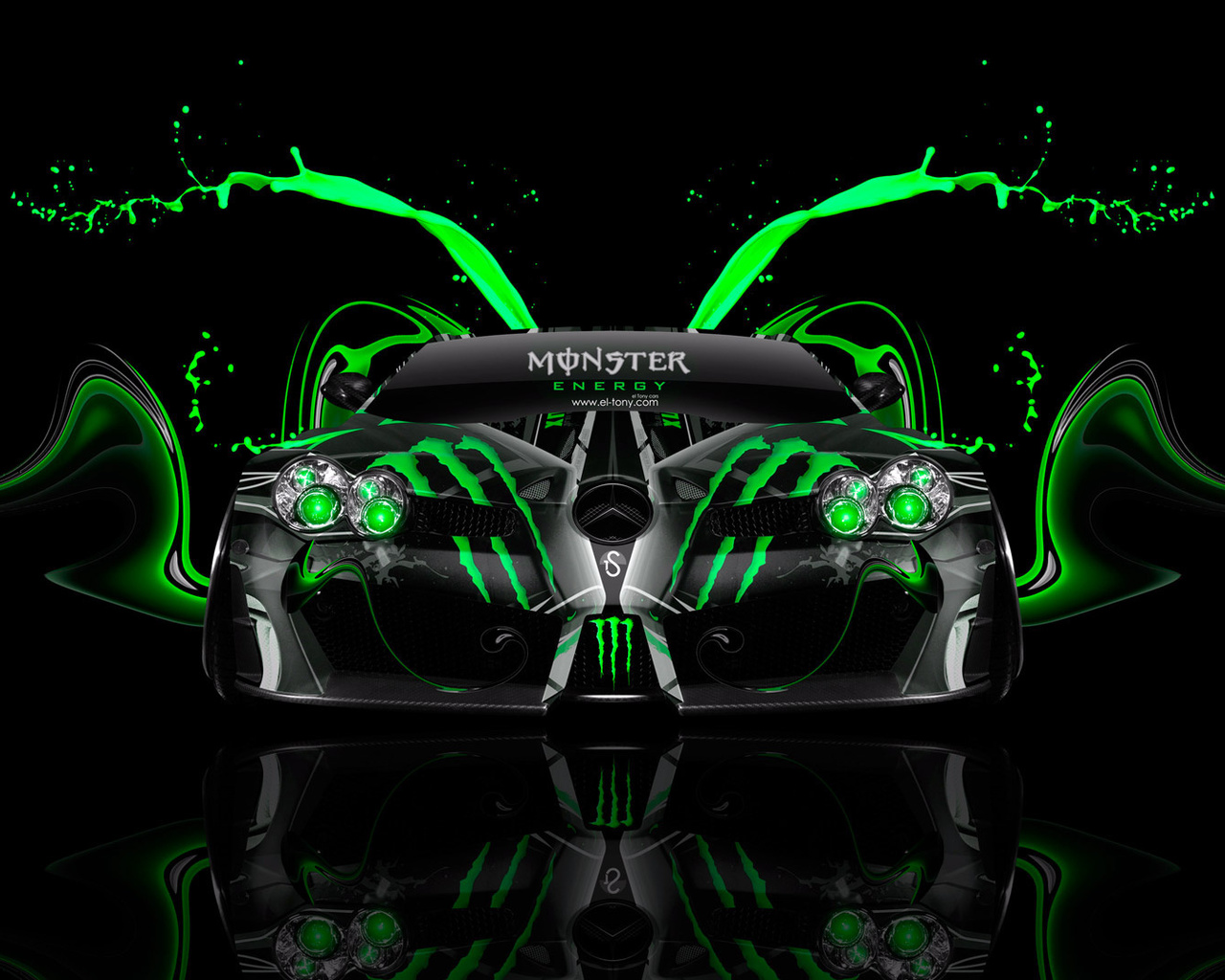 tony kokhan, monster energy, mercedes-benz, slr, mclaren, mansory, front, plastic, car, aerography, green, acid, effects, black, el tony cars, photoshop, hd wallpapers, tuning, design, art, style,  , ,  , , -