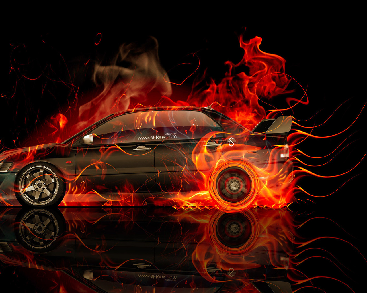 tony kokhan, mitsubishi, lancer, evolution, jdm, side, fire, car, orange, black, flame, el tony cars, photoshop, hd wallpapers, design, art, style,  , , , , , , , , , , , , 