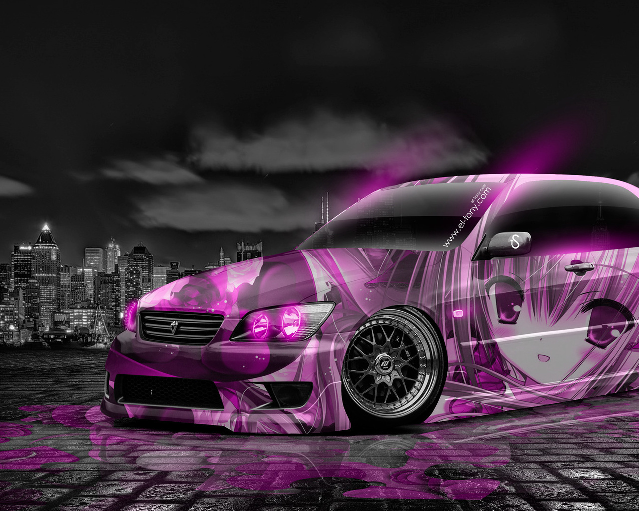 tony kokhan, toyota, altezza, jdm, tuning, anime, aerography, car, city, night, pink, neon, colors, girl, japan, design, art, style, el tony cars, photoshop, hd wallpapers,  , , , , , , , , , 