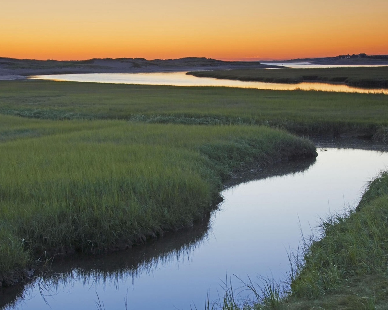 sunrise, fields, river, grass, sun, sky