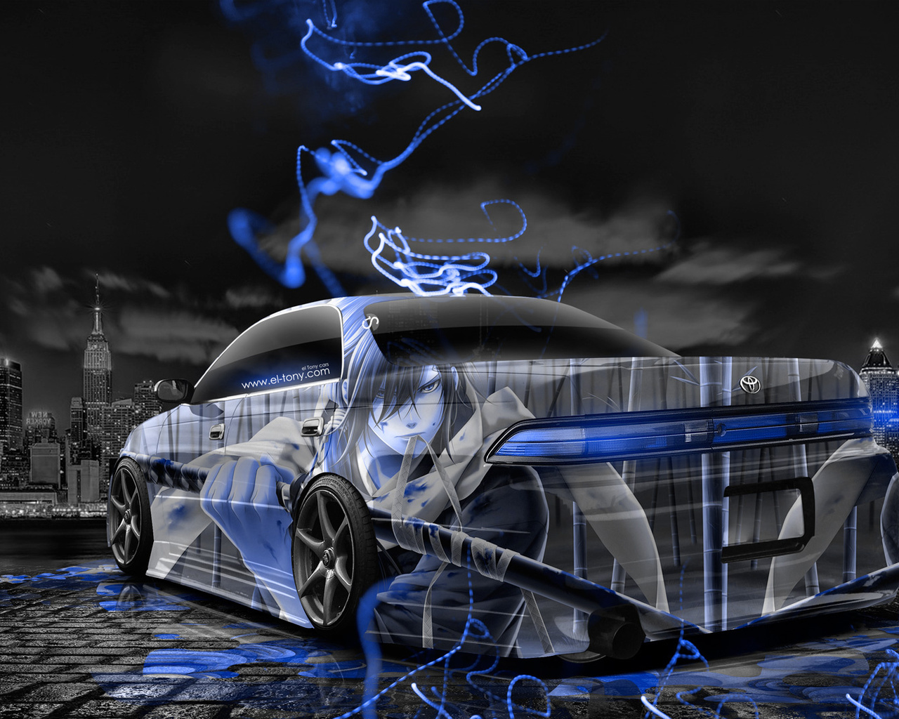 tony kokhan, toyota, mark2, jzx90, jdm, anime, samurai, aerography, city, night, blue, neon, effects, tuning, japan, el tony cars, photoshop, design, art, style, black,  , , , 2,  2, , , , , , 