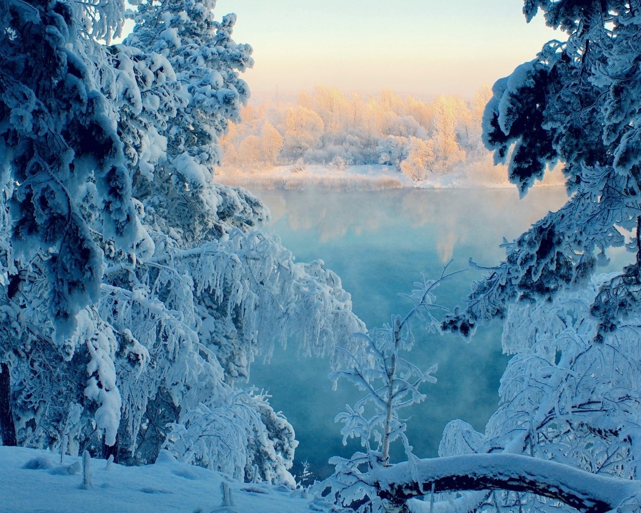 winter, mountain, snow, trees, road, sun, sky, blue