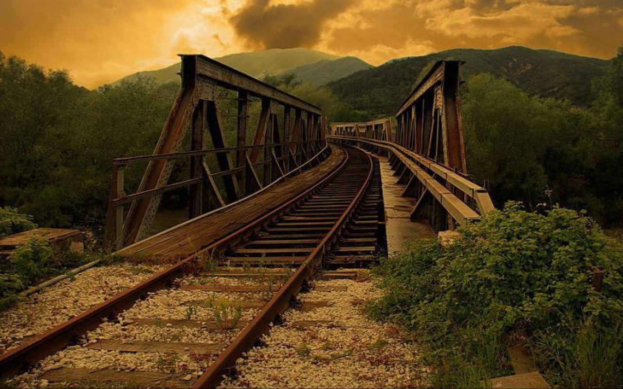 bridge, way, trees, river, forest, sky