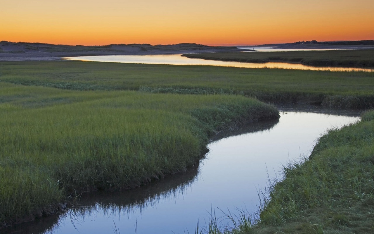 sunrise, fields, river, grass, sun, sky