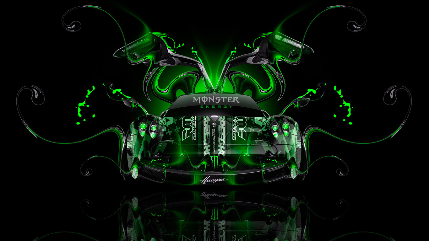 tony kokhan, monster energy, pagani, huayra, front, open, doors, green, plastic, car, aerography, style, design, art, photoshop, hd wallpapers, el tony cars,  ,  ,  , , , , , , , 