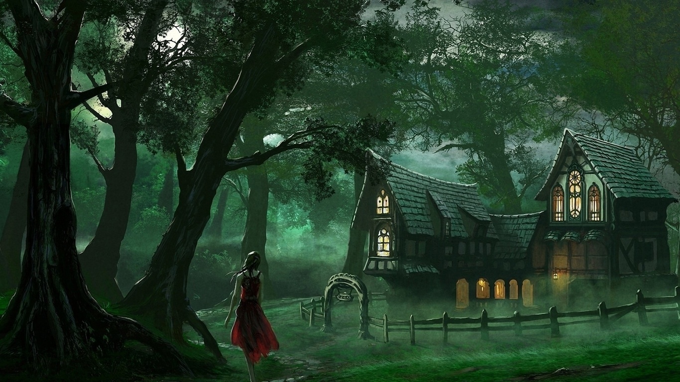 woman, forest, house, old, tree