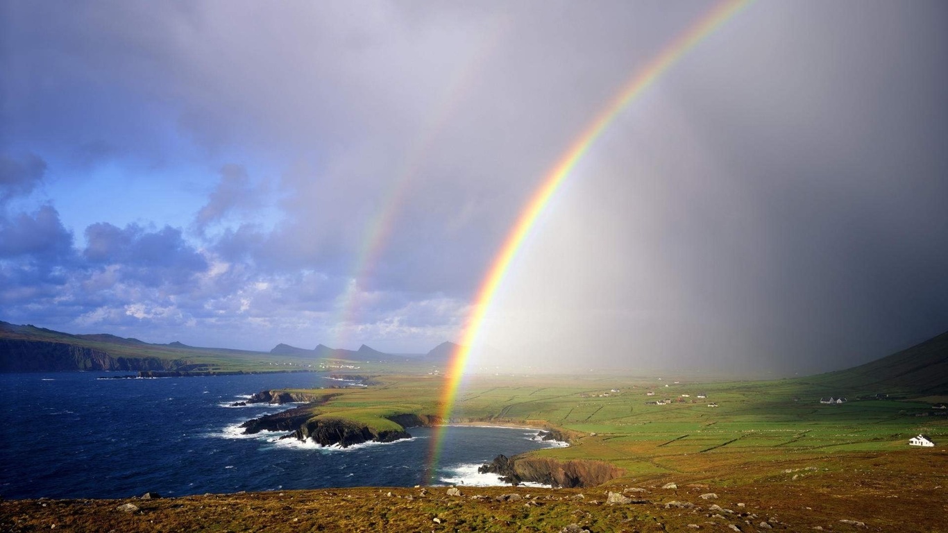 rainbow, moutain, water, ocean, grass, sky