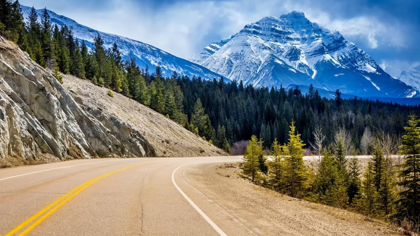 jasper, canada, park, road, tree, sky, mountain