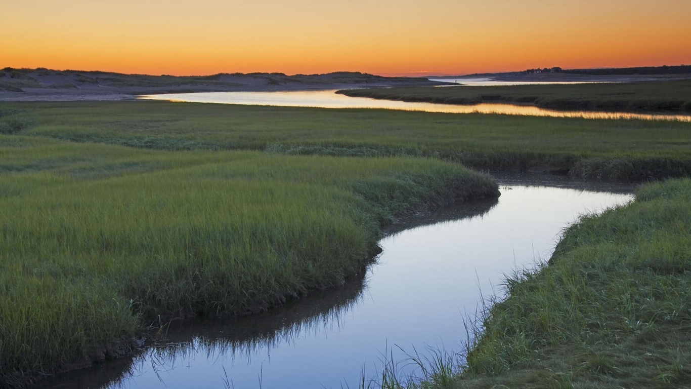 sunrise, fields, river, grass, sun, sky