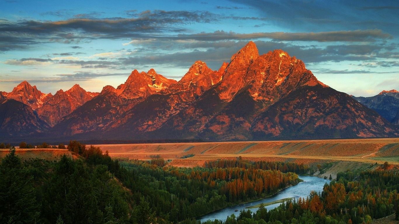 mountain, forest, trees, clouds, river