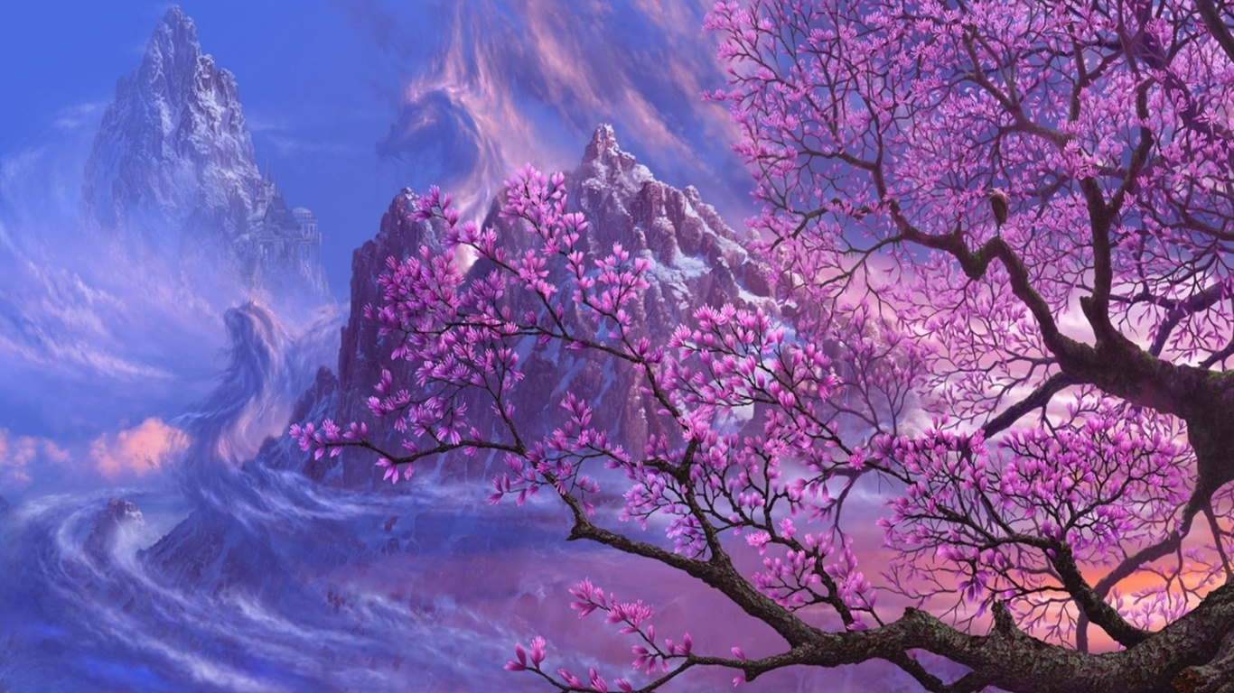 magnolia, tree, colors, mountain, sky