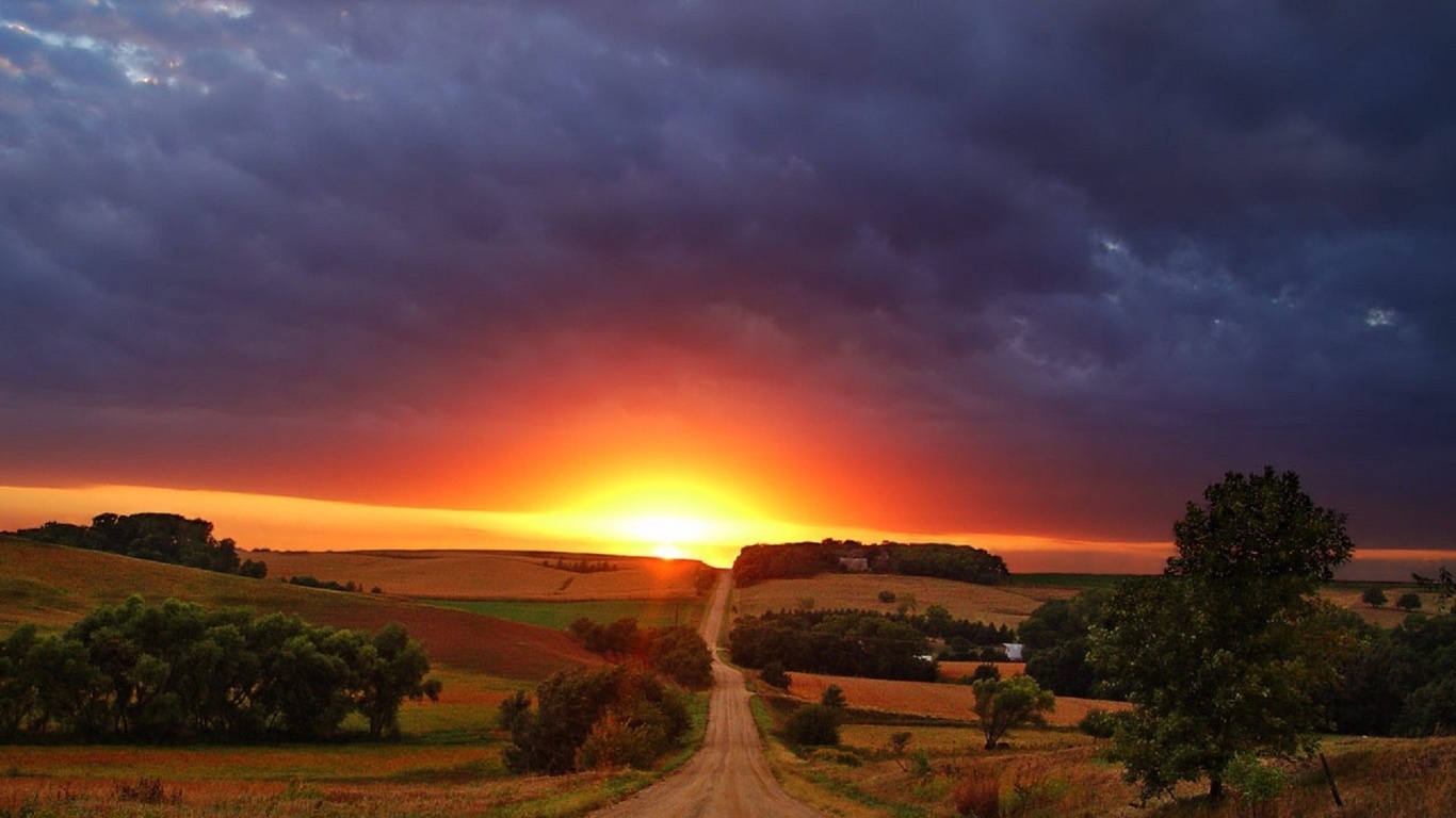 sunrise, fields, river, grass, sun, sky, road