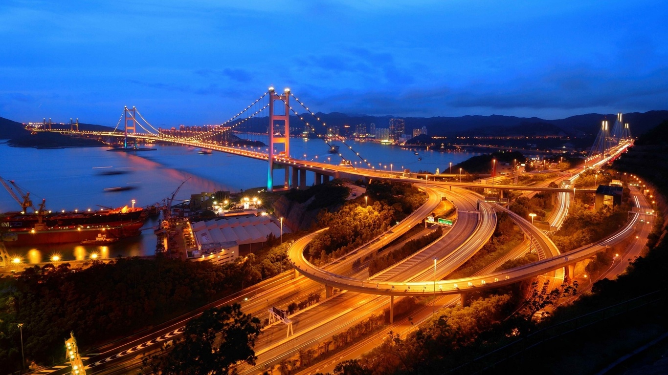 hong kong, city, river, light, building, bridge