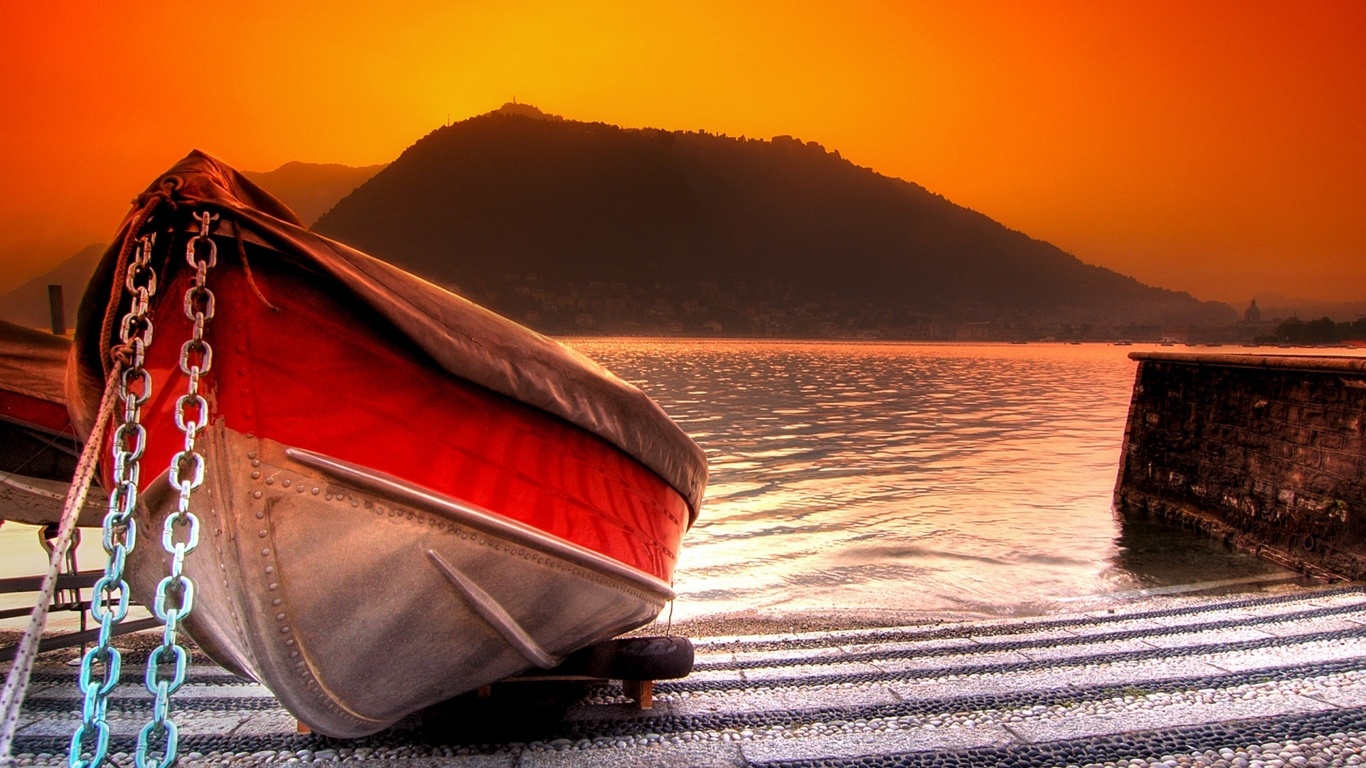 lake, boat, river, water, mountain, sunset