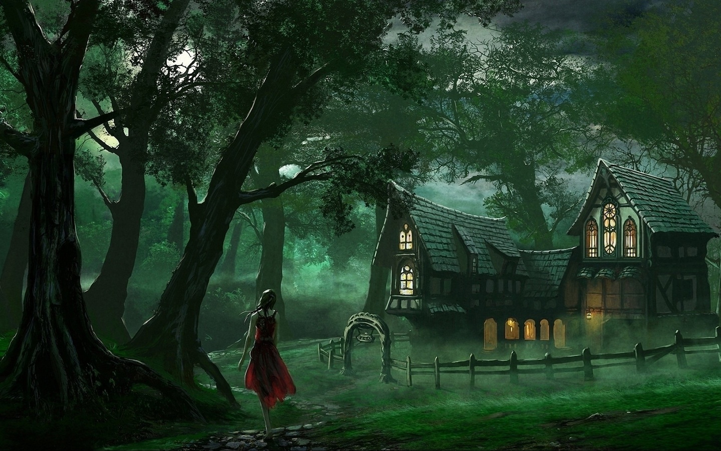 woman, forest, house, old, tree