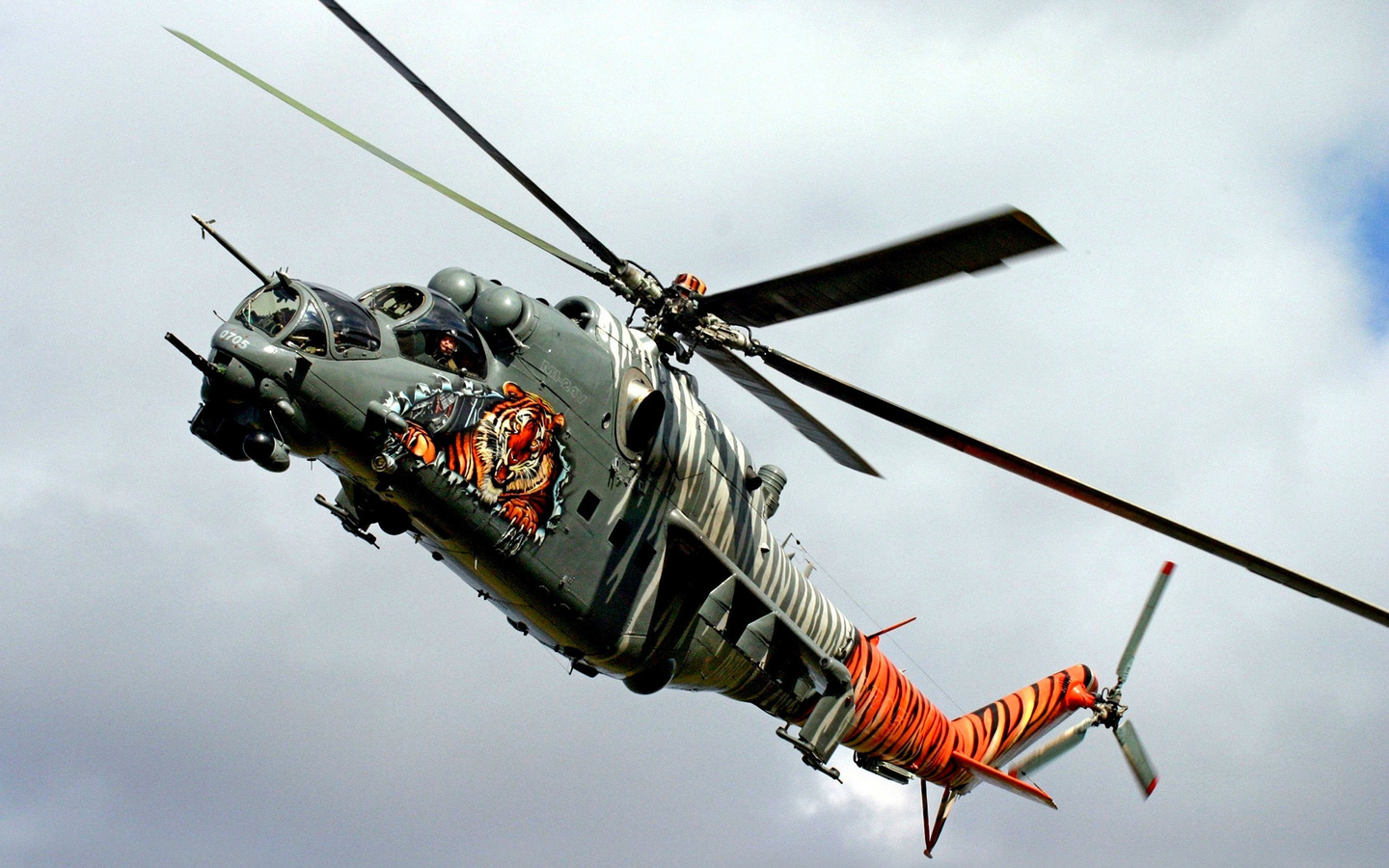 helicopter, mi-24, warlfly, gun, clouds, sky