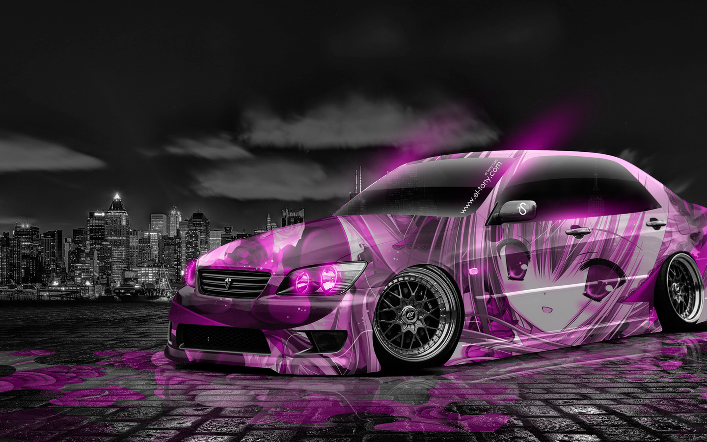 tony kokhan, toyota, altezza, jdm, tuning, anime, aerography, car, city, night, pink, neon, colors, girl, japan, design, art, style, el tony cars, photoshop, hd wallpapers,  , , , , , , , , , 