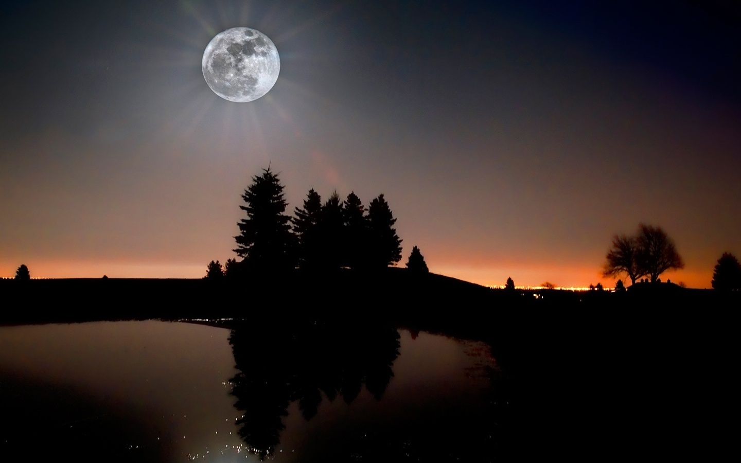 moon, river, reflexion, tree, night, star, sky