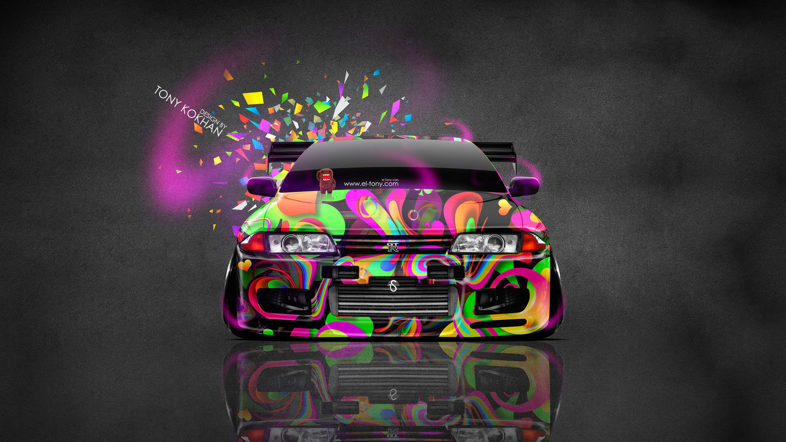 tony kokhan, nissan, skyline, gtr, r32, jdm, front, domo kun, toy, car, multicolors, hd wallpapers, pink, neon, abstract, aerography, japan, tuning, el tony cars,  , , , , , 32, 32 ,  , , 