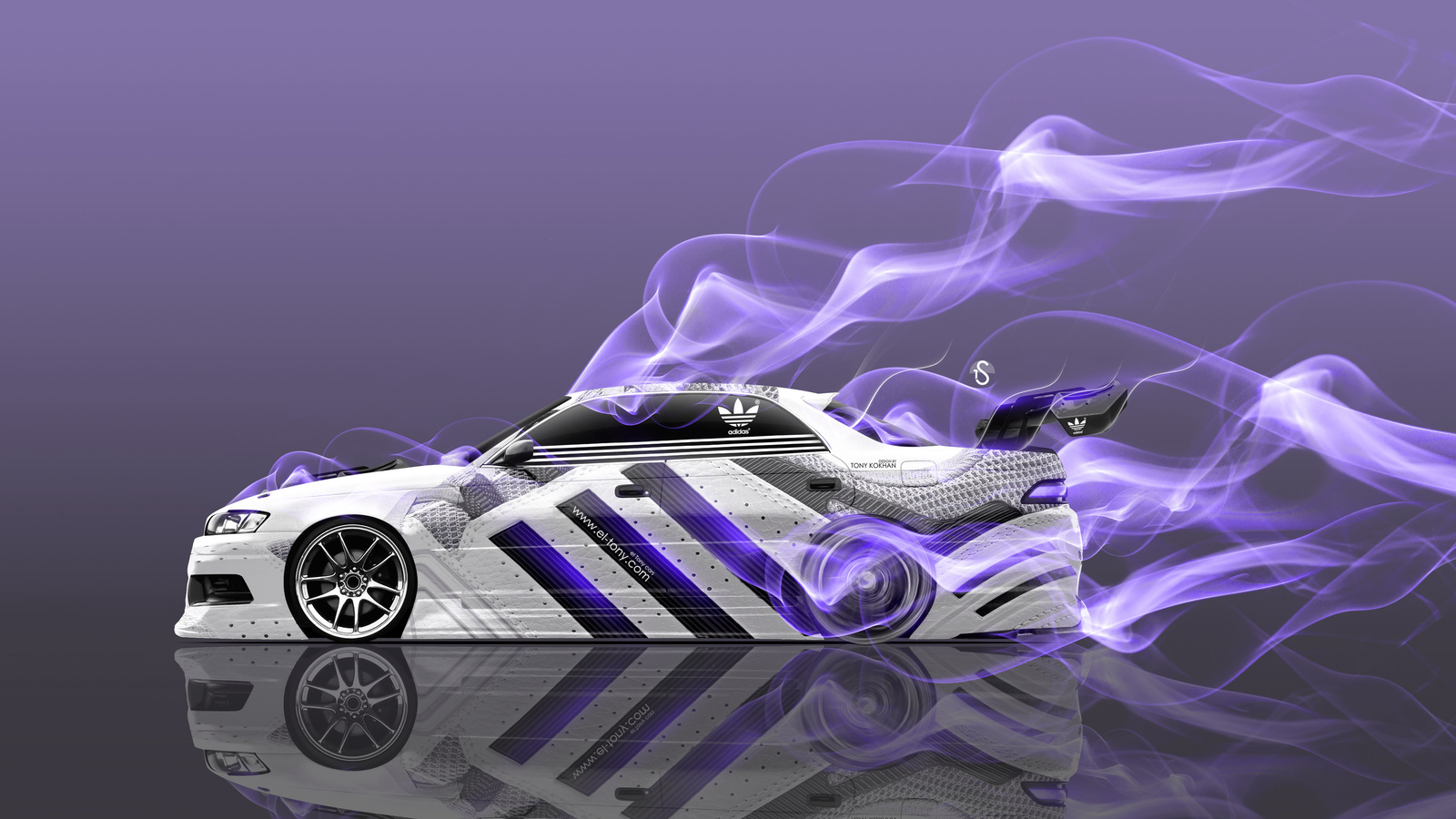 tony kokhan, toyota, mark2, jzx90, jdm, adidas, shoes, logo, tuning, aerography, violet, smoke, drift, car, side, white, el tony cars, photoshop, design, art, style, 4k, wallpapers, japan,  , , , 2,  2, 90 , , 