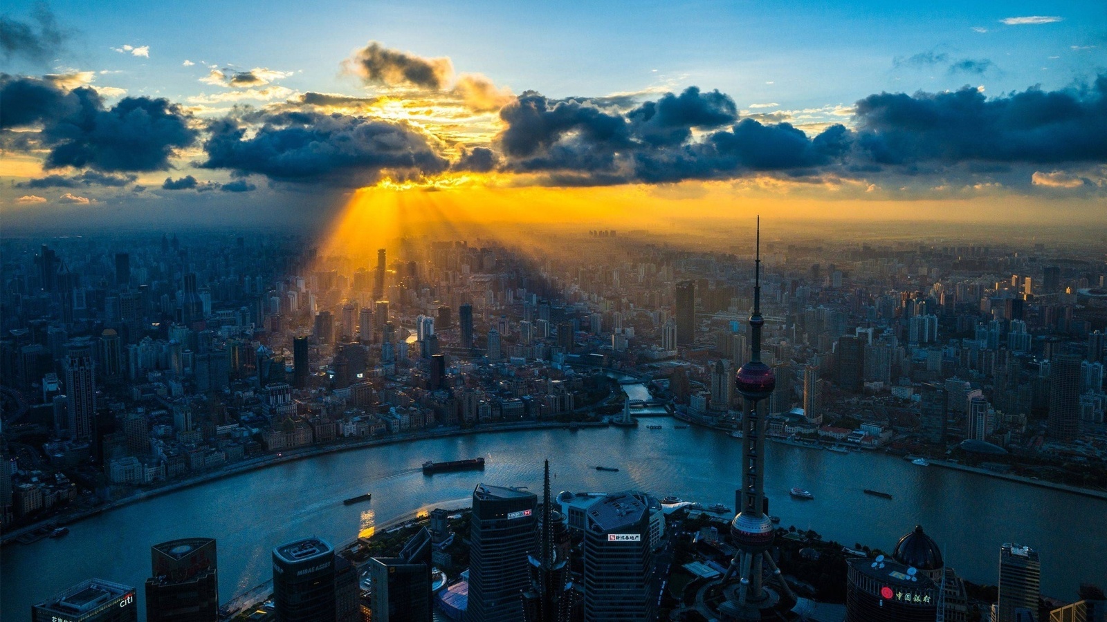 shangai, china, river, light, building