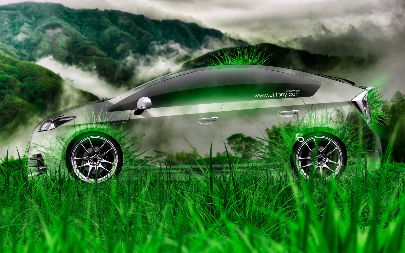 tony kokhan, toyota, prius, side, crystal, nature, car, green, grass, hybrid, el tony cars, photoshop, hd wallpapers, art, design, style,  , , , , 2014, , , , , , , ,  , 