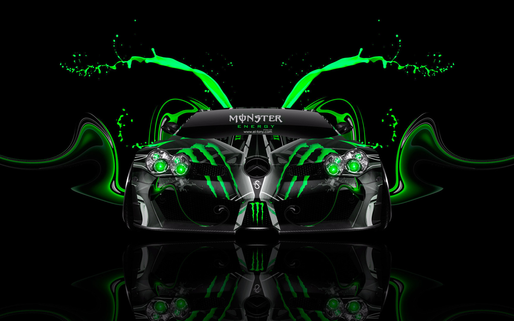 tony kokhan, monster energy, mercedes-benz, slr, mclaren, mansory, front, plastic, car, aerography, green, acid, effects, black, el tony cars, photoshop, hd wallpapers, tuning, design, art, style,  , ,  , , -