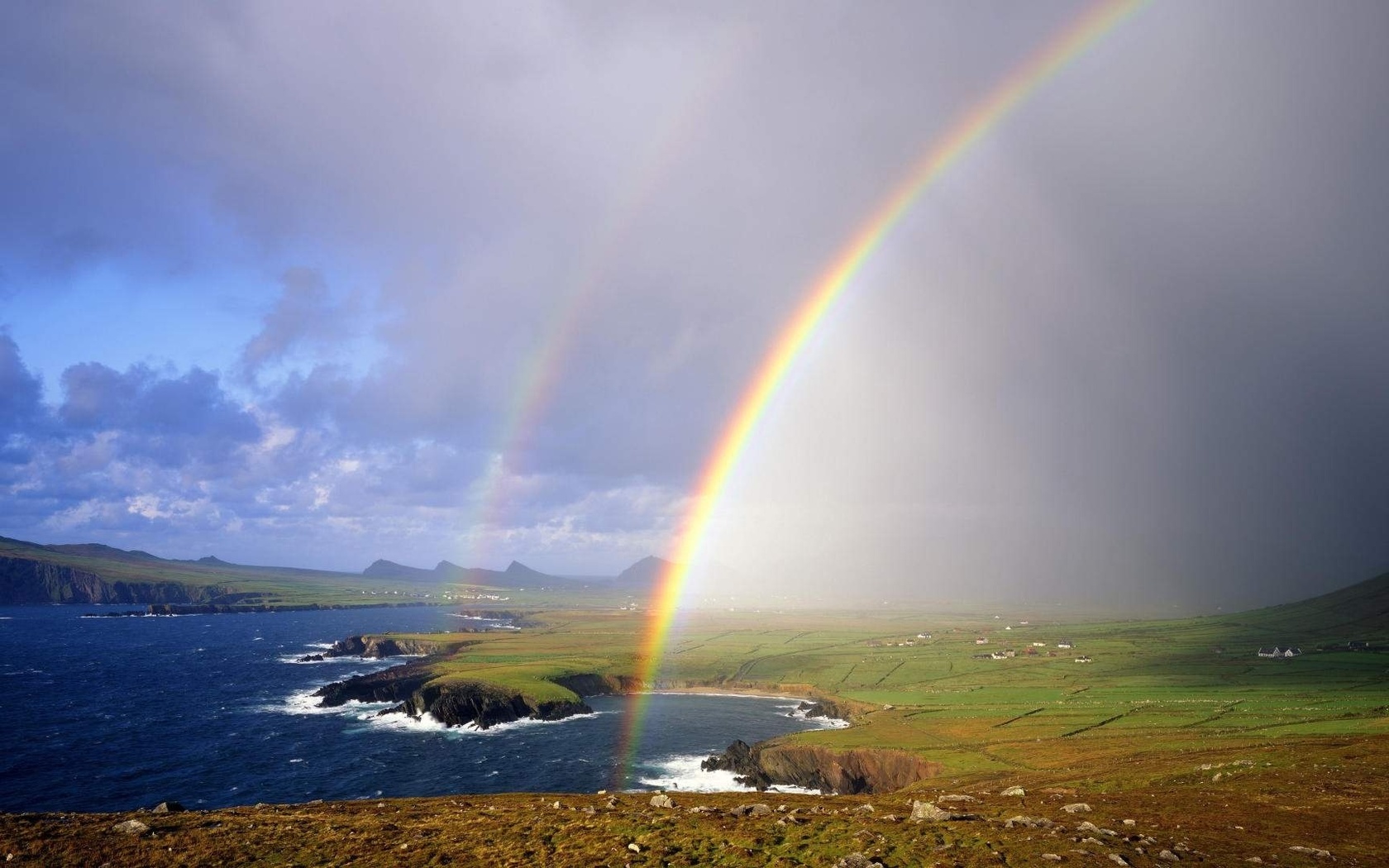 rainbow, moutain, water, ocean, grass, sky