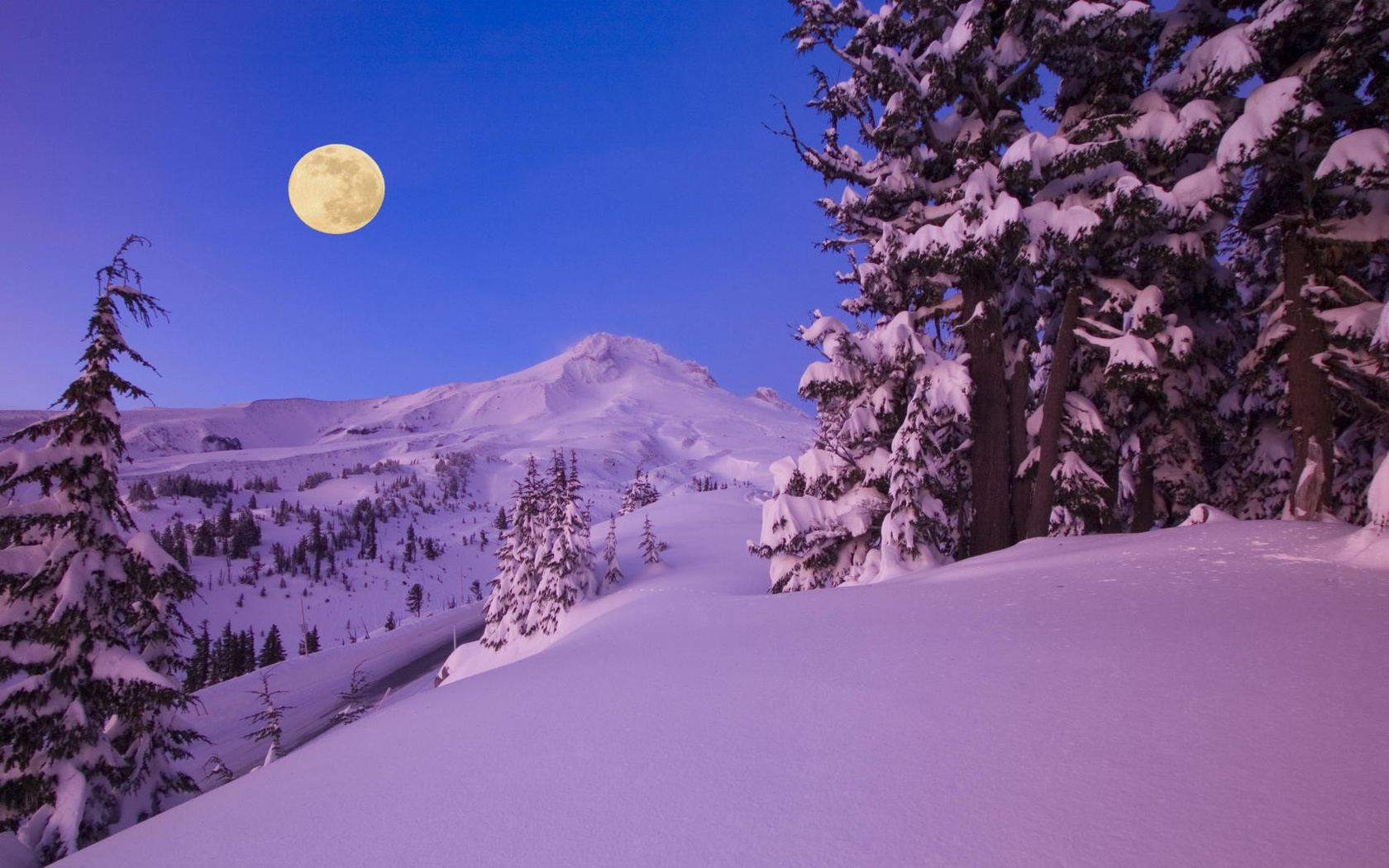 winter, mountain, snow, trees, road, sun, sky, blue