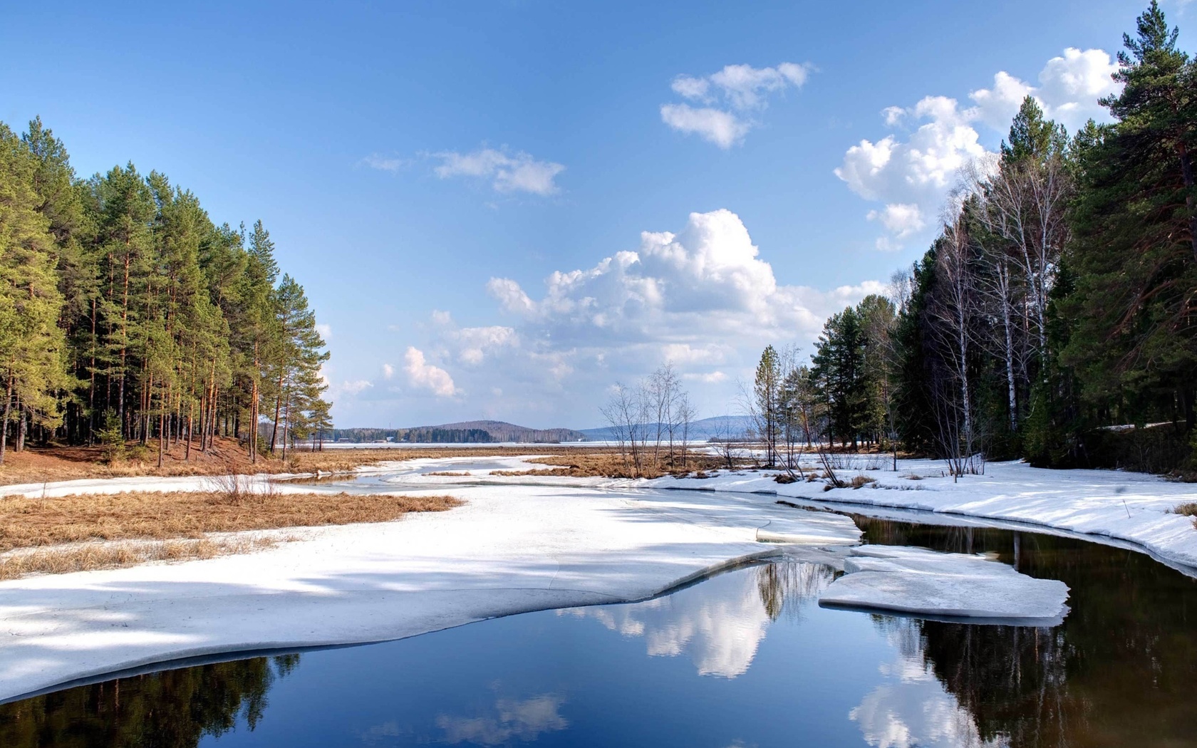 winter, river, delta, snow, trees, mountain